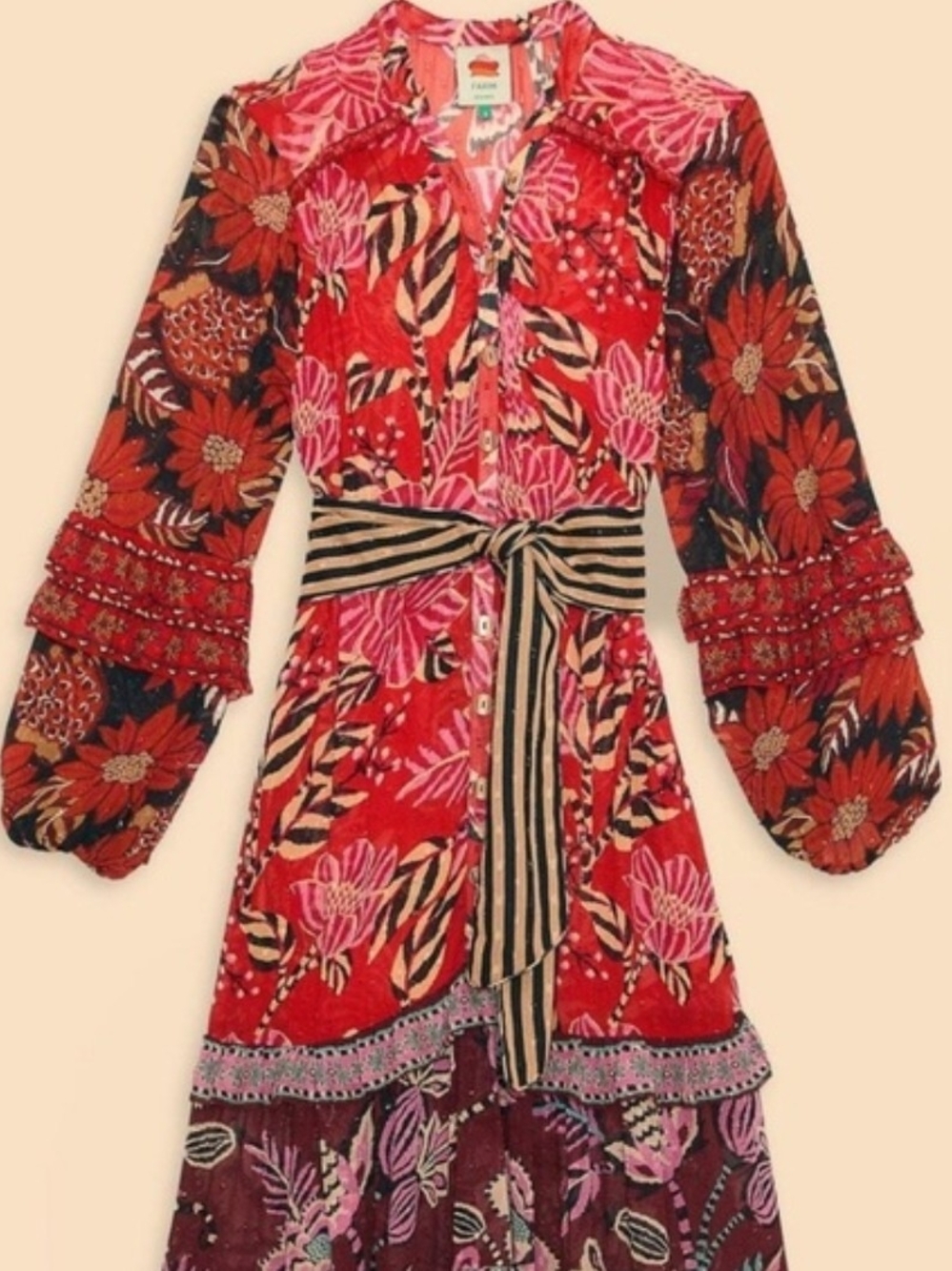 FARM Rio X Anthropologie Red Floral Maxi Dress with Pink & Purple Accents